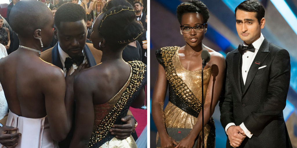 Two pictures featuring Daniel Kaluuya, Danai Gurira, Lupita Nyong'o, and Kumail Nanjiani