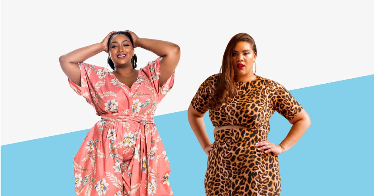 Illustrations of models in plus sized clothing. One woman, black, is wearing a pink jumpsuit with a white and blue floral print. Another plus sized model, light-skinned, is wearing a leopard print two piece top and skirt set.