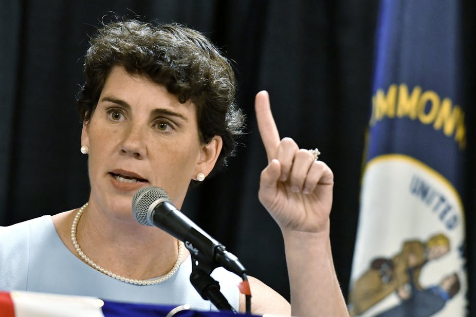 Amy McGrath speaks to supporters in Louisville, Kentucky.