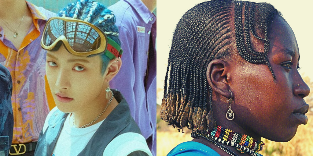 (L-R) Hongjoong wearing blue cornrows in ATEEZ's promo image for their upcoming album, ZERO: FEVER Part. 1. A Nuba woman in Nyaro village, Kau, Nuba mountains, Sudan (KQ Entertainment, Rita Willaert/Wikipedia Creative Commons)