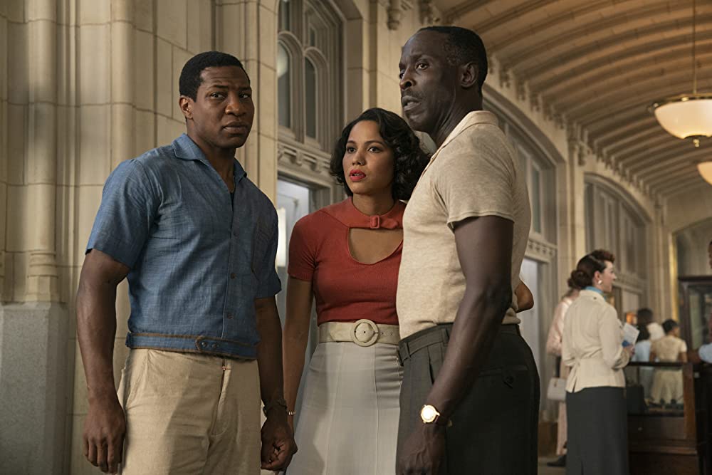 Jonathan Majors as Atticus, Jurnee Smollett as Leti, and Michael Kenneth Williams as Montrose in Lovecraft Country (Photo credit: HBO)