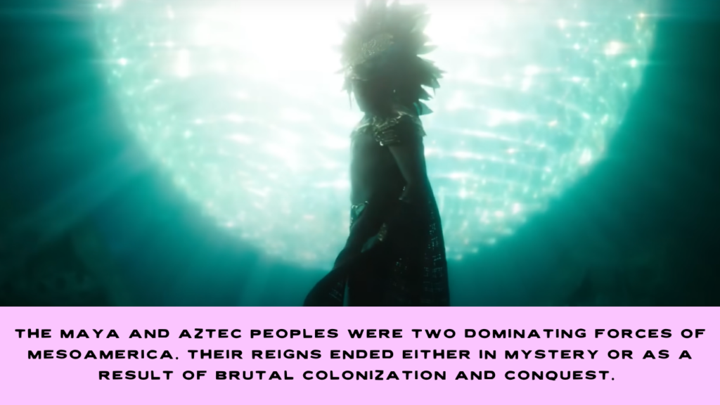 The Maya and Aztec peoples' reigns ended either in mystery or as a result of brutal colonization and conquest. This image shows a backlit, underwater Namor mysteriously facing the audience. 