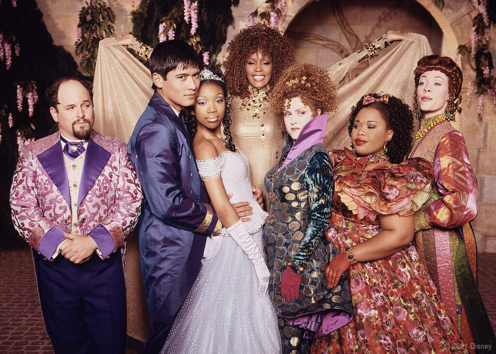 (L-R) Castmembers of Cinderella--Jason Alexander, Paolo Montalban, Brandy, Whitney Houston, Bernadette Peters, Natalie Desselle Reid, Veanne Cox (Photo credit: Disney)