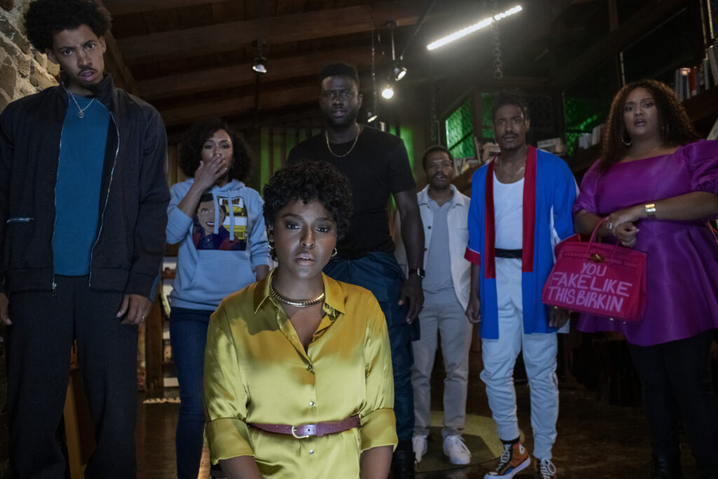 Melvin Gregg as King, Grace Byers as Allison, Antoinette Robertson as Lisa, Sinqua Walls as Nnamdi, Jermaine Fowler as Clifton, Dewayne Perkins as Dewayne, and Xochitl Mayo as Shanika in The Blackening. Photo Credit: Glen Wilson