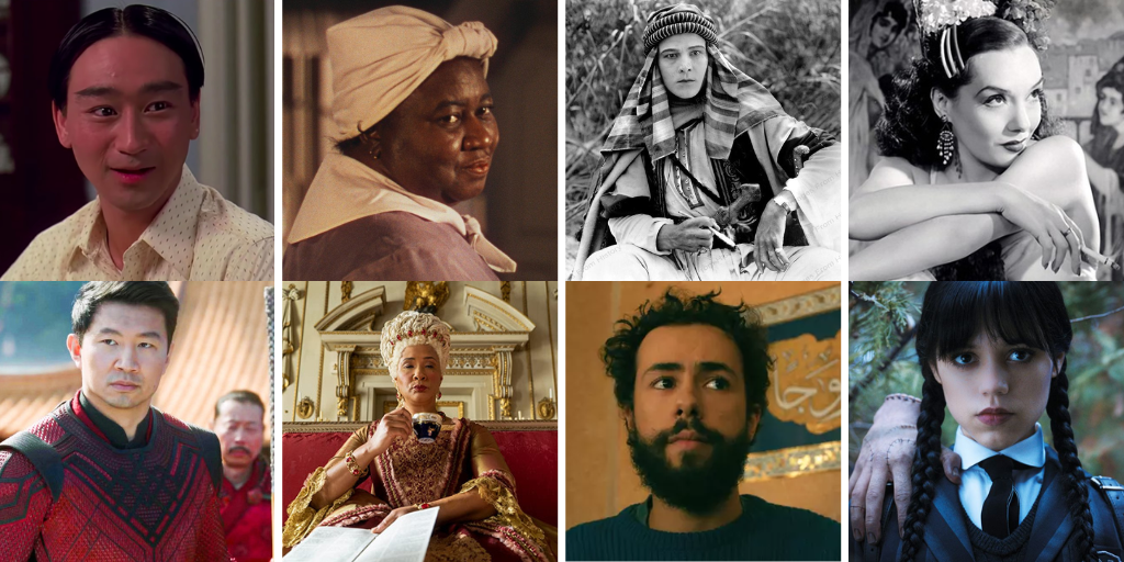 (L-R) Gedde Watanabe as Long Duk Dong in Sixteen Candles versus Simu Liu as the title character in Shang-Chi and the Legend of the Ten Rings. Hattie McDaniels in Gone with the Wind versus Golda Roshuvel as Queen Charlotte in Bridgerton. Rudolph Valentino as the title character in The Sheik, Ramy Youssef in Ramy. Lupe Velez as Carmelita in Mexican Spitfire versus Jenna Ortega as the title character in Wednesday. 