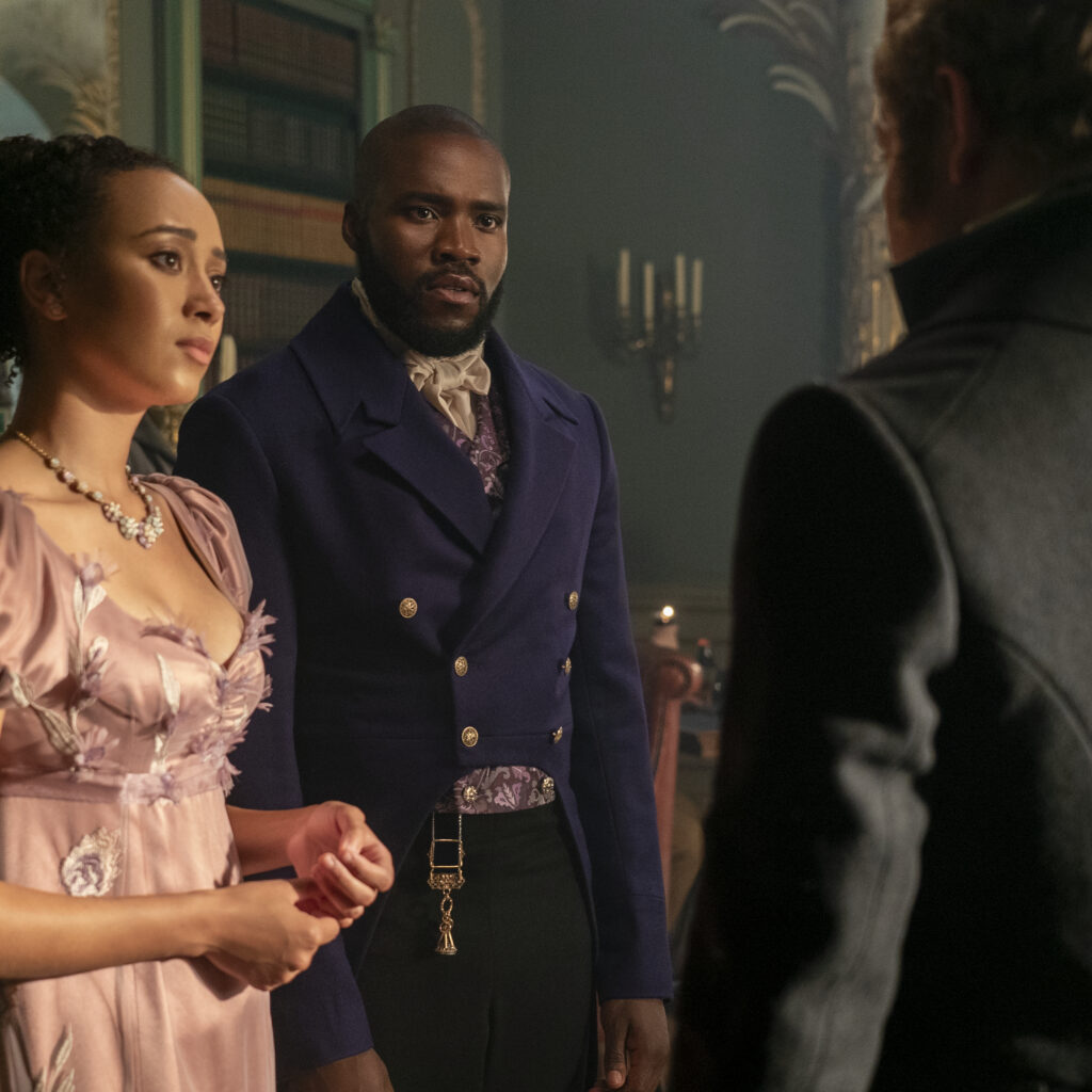 Bridgerton. (L to R) Emma Naomi as Alice Mondrich, Martins Imhangbe as Will Mondrich in episode 301 of Bridgerton. Cr. Liam Daniel/Netflix © 2024