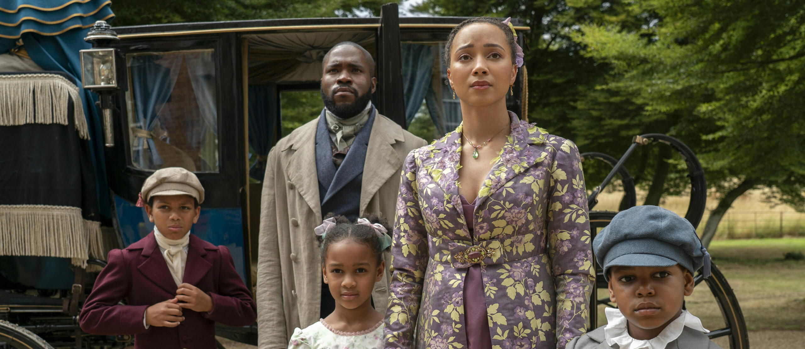 Bridgerton. (L to R) James Bryan as Nicky Mondrich, Martins Imhangbe as Will Mondrich, Ariella Warburton as Daisy Mondrich, Emma Naomi as Alice Mondrich, Elias Amos as John Mondrich in episode 301 of Bridgerton. Cr. Liam Daniel/Netflix © 2024