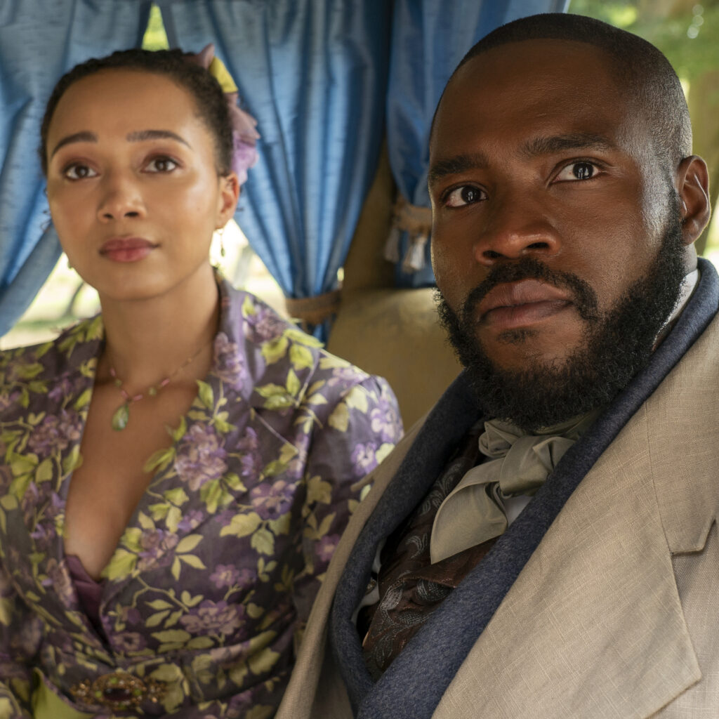 Bridgerton. (L to R) Emma Naomi as Alice Mondrich, Martins Imhangbe as Will Mondrich in episode 301 of Bridgerton. Cr. Liam Daniel/Netflix © 2024