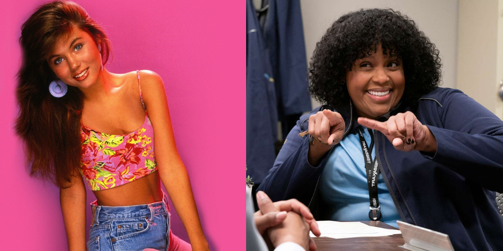 (L) An image of Tiffany Thiessen as Kelly Kapowski, smiling and posing in front of a pink background. (R) An image of Natasha Rothwell as Melissa, smiling. 