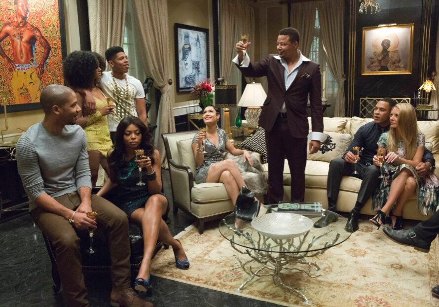 EMPIRE: Lucious (Terrence Howard) toasts his family in the "Devil Quotes Scripture" episode airing Wednesday, Jan. 21 (9:00-10:00 PM ET/PT) on FOX. Pictured L-R: Jussie Smollett, Serayah McNeill, Taraji P. Henson, Bryshere Gray, Grace Gealey, Terrence Howard, Trai Byers and Kaitlin Doubleday.
 ©2014 Fox Broadcasting Co. CR: Chuck Hodes/FOX