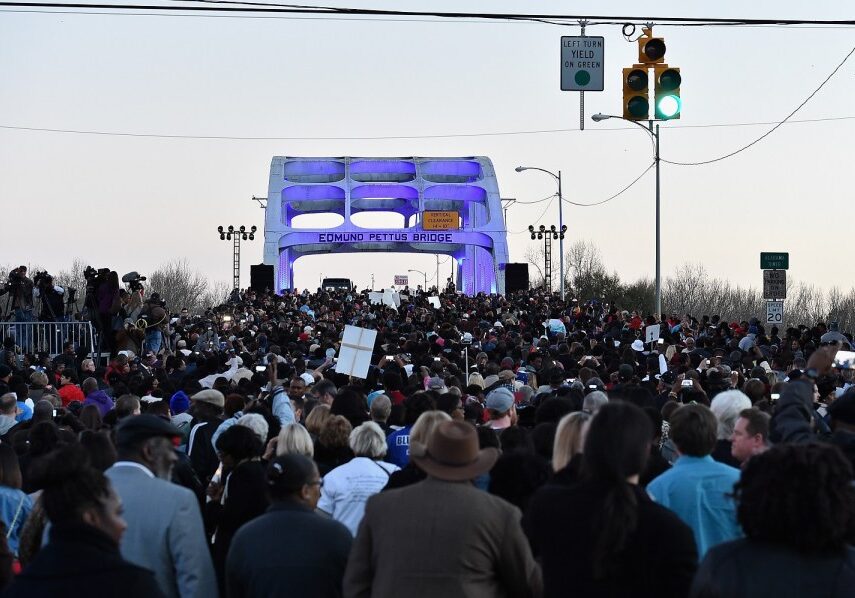 SELMA, AL - JANUARY 18:  EDITORIAL USE ONLY The 2015 commemorative march on the Edmund Pettus Bridge on January 18, 2015 in Selma, Alabama.  (Photo by Paras Griffin/Getty Images for Paramount Pictures)