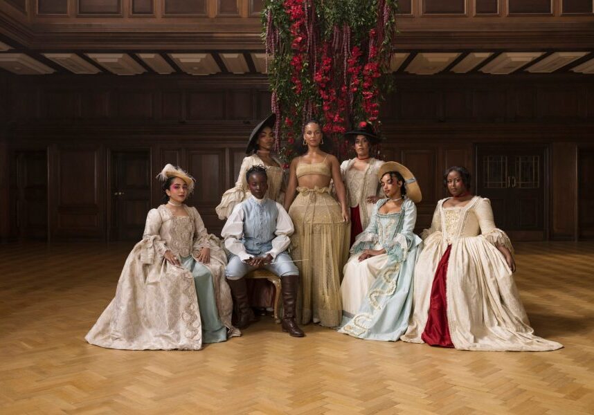 Alicia Keys x Queen Charlotte: A Bridgerton Story Crowning Moment. (L to R) Delara, Ofentse, Alicia Awa, Alicia Keys, Amel Bachair, Rimon, Cherrie in Alicia Keys x Queen Charlotte: A Bridgerton Story Crowning Moment. Cr. The Tyler Twins/Netflix © 2023