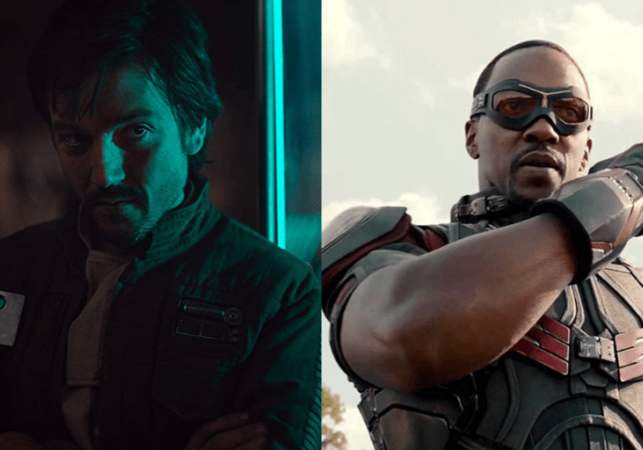 (L-R) Diego Luna as Cassian Andor, Anthony Mackie as the Falcon