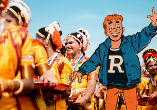 Illustration featuring a drawn image of Archie Andrews among Indian dancers.