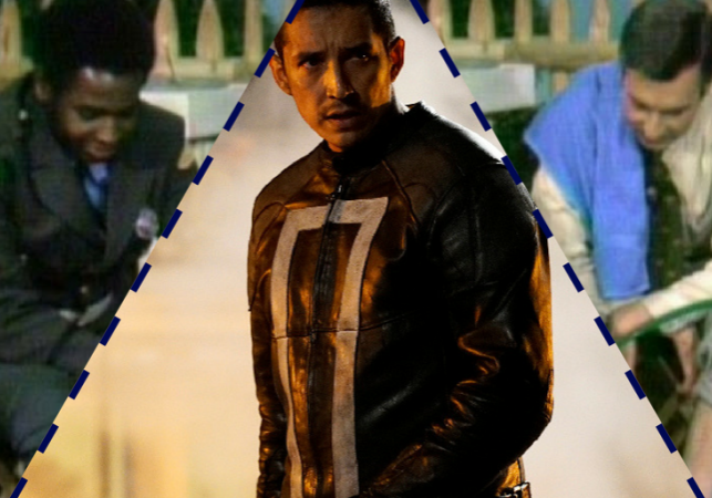 A graphic featuring Officer Clemmons, Gabriel Luna as Ghost Rider, and Mr. Rogers.