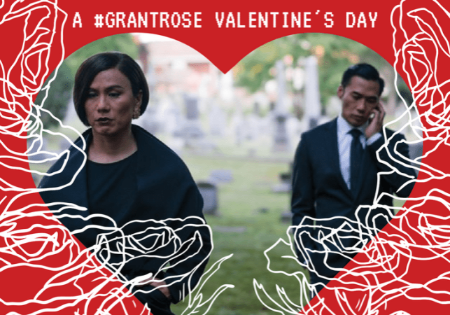 The illustration features a still of White Rose and Grant in a cemetery. The picture is set in a red heart frame surrounded by the outlines of white roses. The background is white and red HTML on a dark grey computer screen.