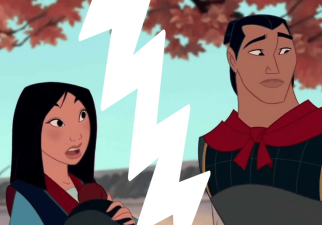 graphic of a picture of Mulan and Shang tearing apart