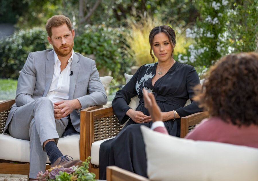 "Oprah with Meghan and Harry: A CBS Primetime Special" - Pictured: Prince Harry and Meghan, The Duke and Duchess of Sussex with Oprah Winfrey. Featuring Oprah Winfrey as she sits down with Prince Harry and Meghan, The Duke and Duchess of Sussex, will be broadcast as a two-hour exclusive primetime special on Sunday, March 7 from 8:00-10:00 PM, ET/PT on the CBS Television Network. Photo Credit: Harpo Productions/ Photographer: Joe Pugliese.