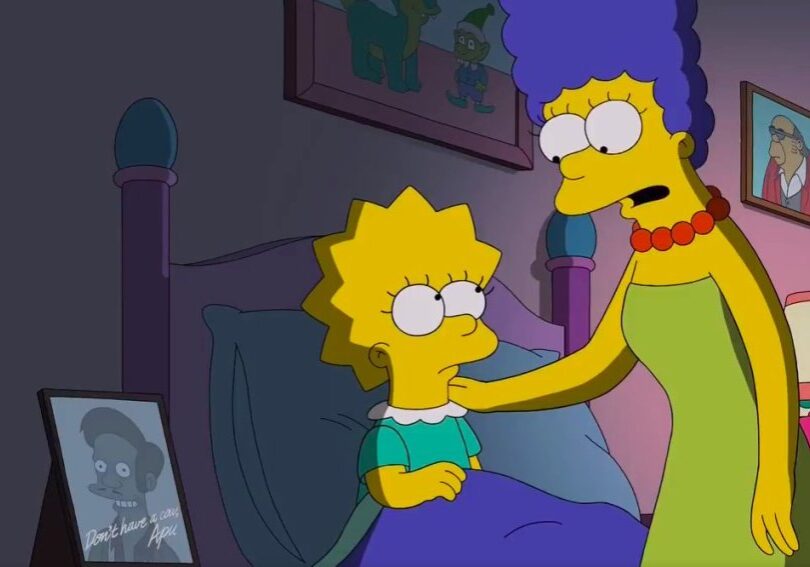 Lisa and Marge talk address the Apu controversy while Lisa is trying to hear a story from Marge. An inexplicable picture of Apu is on Lisa's nightstand, with the signature, "Don't have a cow."