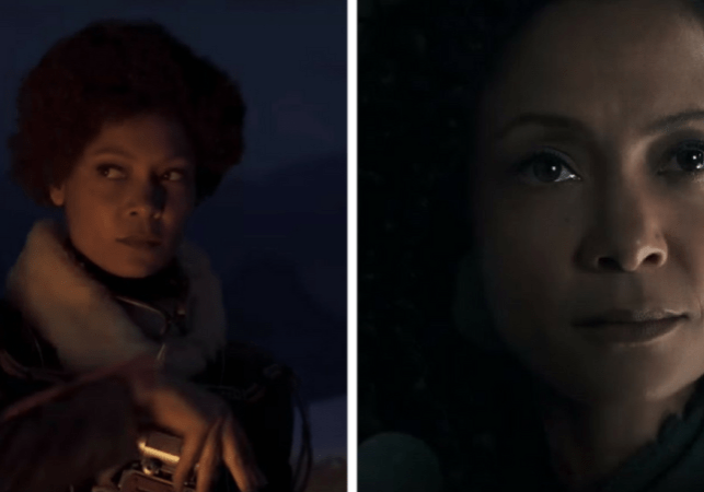 Thandie Newton as Val, sitting by a campfire in Solo: A Star Wars Story and as Maeve in Westworld Season 2