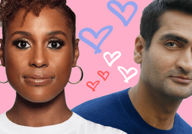 Illustration of Issa Rae wearing white and Kumail Nanjiani wearing blue. There's a pink background with white, hot pink and light blue hearts in between the two people.