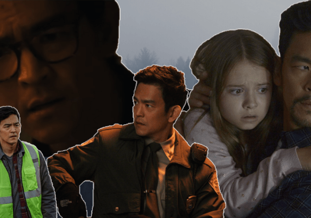 A spooky collage of John Cho from his various horror film and tv roles