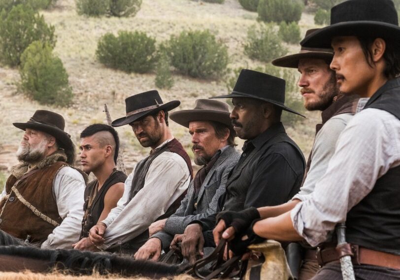 (l to r) Vincent D'Onofrio, Martin Sensmeier, Manuel Garcia-Rulfo, Ethan Hawke, Denzel Washington, Chris Pratt and Byung-hun Lee star in Columbia Pictures' THE MAGNIFICENT SEVEN.