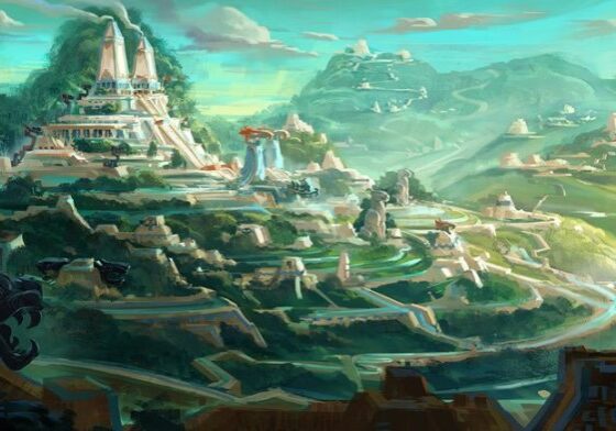 Concept art for Maya and the Three, featuring a verdant Mayan civilization.