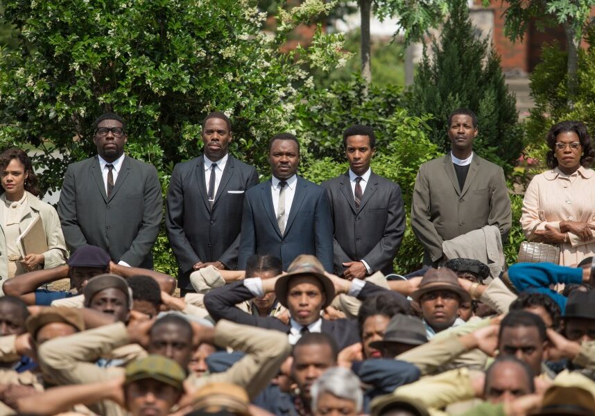 Background left to right: Tessa Thompson plays Diane Nash, Omar Dorsey plays James Orange, Colman Domingo plays Ralph Abernathy, David Oyelowo plays Martin Luther King, Jr., André Holland plays Andrew Young, Corey Reynolds plays Rev. C.T. Vivian, and Lorraine Toussaint plays Amelia Boynton in SELMA, from Paramount Pictures and Pathé.