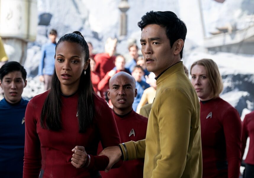 Left to right: Zoe Saldana plays Uhura and John Cho plays Sulu in Star Trek Beyond from Paramount Pictures, Skydance, Bad Robot, Sneaky Shark and Perfect Storm Entertainment